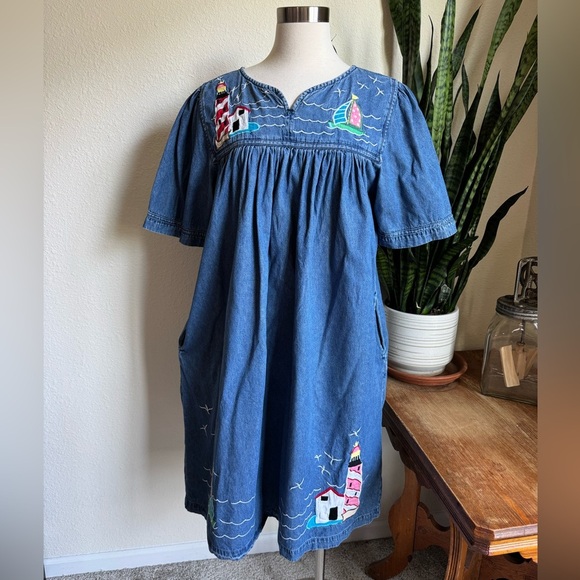 Vintage Denim Dress Nautical Embroidery Pockets Coastal Grandma L - Picture 10 of 10